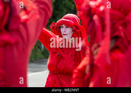 L'Hôpital Royal de Cornouailles, Truro, Cornwall. La troupe de protestation Performance rebelles rouge attendre que Boris Johnson à l'extérieur de l'hôpital après une visite surprise Banque D'Images