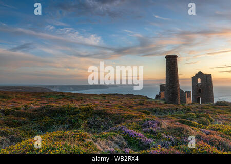 Papule Coates, près de St Agnes en Cornouailles du Nord, en Angleterre. Lundi 23 août 2019. Météo britannique. Après une chaude journée ensoleillée à Cornwall le vent se lève comme le soleil se couche sur une papule Coates à St Agnes phare au début du week-end férié d'août, les prévisions pour être l'un des plus chauds sur l'enregistrement ; les fans passionnés de la populaire série BBC One Poldark reconnaîtra le paysage spectaculaire qu'ils attendent avec impatience la conclusion d'épisodes dans la dernière série, jamais ce dimanche et lundi. Credit : Terry Mathews/Alamy Live News Banque D'Images