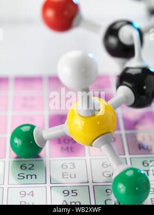 La chimie, conceptual image. Ball and Stick modèle moléculaire assis sur un tableau périodique Banque D'Images