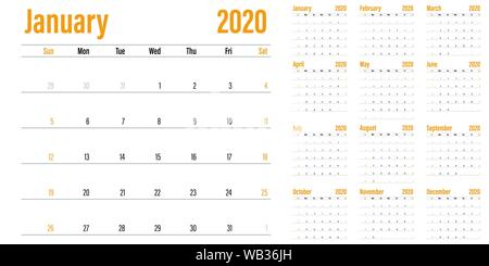 Planificateur de calendrier 2020 illustration vecteur modèle tous les 12 mois semaine commence le dimanche et indiquer la fin de semaine le samedi et dimanche Illustration de Vecteur