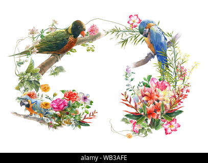 L'aquarelle avec fleurs et oiseaux, sur fond blanc Banque D'Images