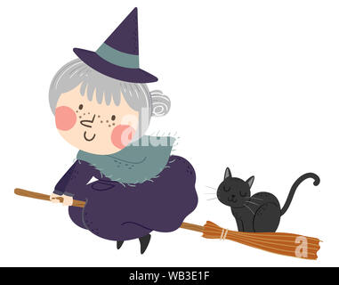 Illustration d'un Senior Woman Riding un balai de sorcière avec animal chat noir Banque D'Images