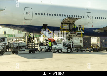 Chargement - déchargement de sacs, bagages et vers/depuis un avion dans l'aéroport. Pas de logo ou le visage visible. Les toilettes de l'avion de vider le service des réservoirs. Banque D'Images