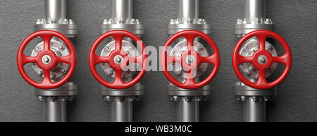 Industrie du pétrole et du gaz. Tuyauterie et vannes avec roues rouges sur fond de mur gris, une bannière. 3d illustration Banque D'Images