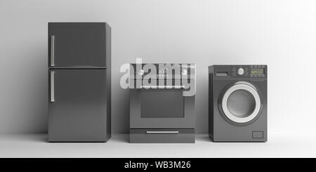 Home appliances définir la couleur noire contre l'arrière-plan blanc. Réfrigérateur, cuisinière électrique et lave-sèche linge. 3d illustration Banque D'Images