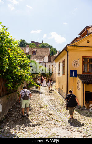 Sighisoara, Roumanie - 2019. Les gens errer dans les rues de la citadelle de Sighisoara (vieille ville). Rues aux maisons colorées.