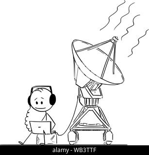 Vector cartoon stick figure dessin illustration conceptuelle de l'homme ou l'observation scientifique et de l'ouïe espace exotiques de la NASA du signal antenne SETI. Illustration de Vecteur