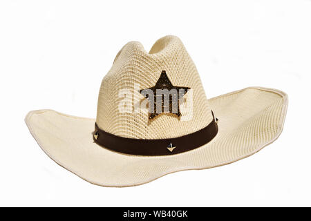 White Hat Cowboy sheriff avec badge star isolé sur fond blanc Banque D'Images