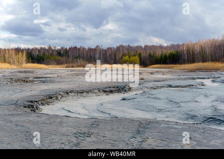 Fond boueux d'un lac séché à l'arrière-plan du paysage au début du printemps Banque D'Images