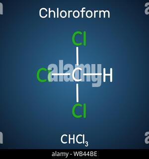 Molécule de chloroforme ou trichlorométhane. Il s'agit d'anesthésique, euphoriant, anxiolytique et sédatif. Formule chimique structurel sur le bleu foncé backgroun Illustration de Vecteur