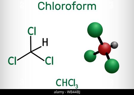 Molécule de chloroforme ou trichlorométhane. Il s'agit d'anesthésique, euphoriant, anxiolytique et sédatif. Formule chimique structurale et molécule modèle. Vector Illustration de Vecteur