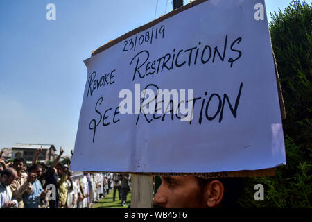 Srinagar, Inde. Août 23, 2019. Un manifestant du Cachemire est titulaire d'un placard pendant le rallye.Un rassemblement a eu lieu à Srinagar ville suite à la décision prise par le gouvernement central d'abolir l'article 370 qui accorde un statut spécial à Jammu-et-Cachemire. Credit : SOPA/Alamy Images Limited Live News Banque D'Images