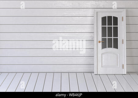 Porte blanche sur fond de bois blanc. 3d illustration Banque D'Images