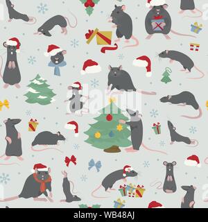 Modèle sans couture de Noël chez les rats. Pose de rat et d'exercices. Cute cartoon clipart nouvel an ensemble. Vector illustration Illustration de Vecteur