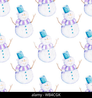 Motif de noël aquarelle sans couture avec bonhomme de neige mignon sur fond blanc. Illustration dessinée à la main sur fond blanc Banque D'Images