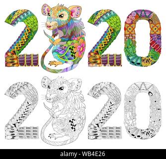 Hand drawn zentangle nombre de rat 2020 pour t-shirt et autres décorations Illustration de Vecteur