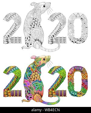 Hand drawn zentangle nombre de rat 2020 pour t-shirt et autres décorations Illustration de Vecteur