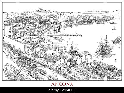 L'illustre le tableau avec une vue panoramique de la ville d'Ancône, port de mer de la région des Marches en Italie centrale, d'un lexique du 19e siècle Banque D'Images