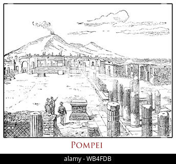 L'illustre le tableau de Pompéi site archéologique avec le Vésuve à partir d'un lexique italien début '900 Banque D'Images