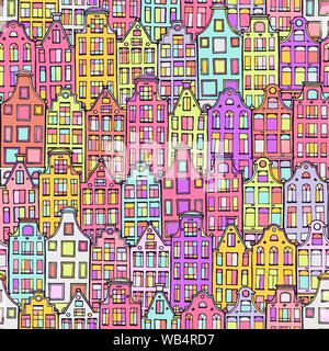 Hand drawn doodle maisons scandinaves. Cute seamless background. Maisons colorées. Appelée russisch hous. transparente Modèle de dessin de la ville d'Amsterdam Illustration de Vecteur