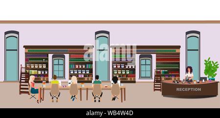 Vecteur d'une bibliothèque moderne intérieur avec étagères, un bureau et les étudiants à lire des livres Illustration de Vecteur