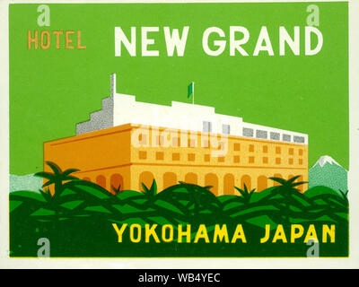 [ Le Japon d'avant-guerre - Yokohama Nouveau Grand Hôtel Label ] - Assurance label pour le nouveau Grand Hôtel à Yokohama, Yokohama préfecture. 20e siècle vintage label. Banque D'Images