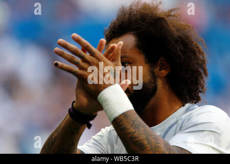 Real Madrid CF's Marcelo Vieira se réchauffe avant le match de la Liga espagnole entre le Real Madrid et le Real Valladolid CF à Santiago Bernabeu à Madrid.(Score final : 1:1 Real Madrid Real Valladolid CF) Banque D'Images