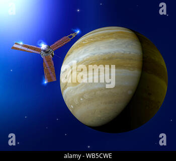 Avis de Jupiter et de Junon, sonde spatiale de la NASA en orbite autour de la planète. C'est la plus grande planète de notre système solaire. Banque D'Images