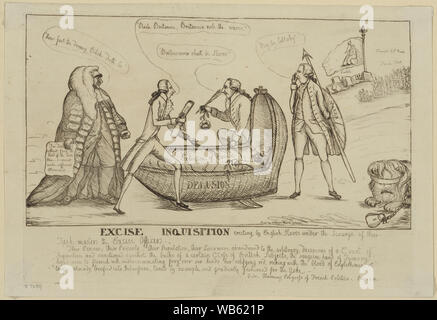 Inquisition d'accise érigeant par English esclaves sous le fléau de leur tâche-masters l'accise Résumé : Une satire britannique sur une tentative par William Pitt et George Rose pour transférer à la loi d'accise certains droits d'importation ; comité permanent dans l'opposition est Edward Thurlow. L'image centrale montre Britannia, enveloppé dans une couverture appelée Extension d'accise, d'être secoué pour dormir dans un berceau par Pitt et Rose. Un autre homme, peut-être, William Mainwaring tient Britannia's lance et le bouclier qui est étiqueté Maner et dire par, par, berceuse ; à droite de ses pieds est le lion britannique, les yeux bandés un Banque D'Images