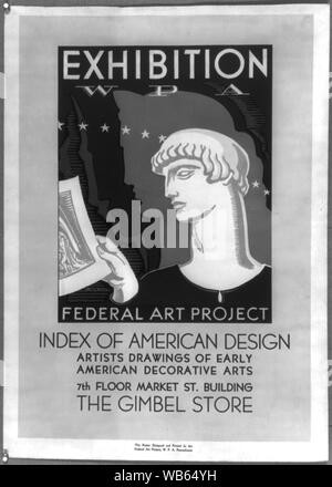 WPA Exposition Art fédéral Résumé du projet : affiche pour l'exposition de projets d'art fédéral d'indice de Design à l'Américain Magasin Gimbel, 7e étage, édifice Market St., montrant la tête-et-épaules portrait de la figure grecque holding imprimer. Banque D'Images