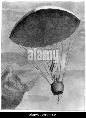 Expérience du parachûte. Le 1er Brumaire un 6 (22 octobre 1797. v.f.) à 5h. 28m. du soir, le citoyen Garnerin, s'éleva à ballon perdu au Parc de Monceau ... ; impression montre André Jacques Garnerin, premier homme à descendre dans un parachute, debout dans la gondole de son parachute qui agitait un drapeau français après la libération de son ballon (ci-contre). Son ballon était monté du Parc Monceau à Paris, le 22 octobre 1797. (Source : P.G. Renstrom, LC Personnel, 1981-1982.) Banque D'Images
