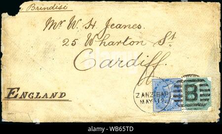 L'Inde est la reine Victoria d'affranchissement timbre postal utilisé à Zanzibar - la moitié anna bleu et vert 1875-1895. Banque D'Images