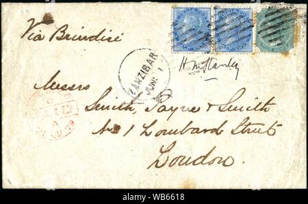 L'Inde est la reine Victoria d'affranchissement timbres utilisés à Zanzibar - Deux demi-bleu et vert anna Anna quatre timbres de la reine Victoria avant 1900. Banque D'Images