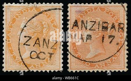 East India Postage Stamp utilisé la reine Victoria à Zanzibar- Deux annas 1865 orange. Banque D'Images