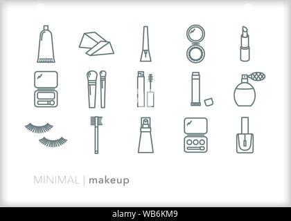 Ensemble de 15 icônes de ligne de maquillage pour les visages, les yeux et la peau Produits de beauté dans le secteur de la beauté Illustration de Vecteur