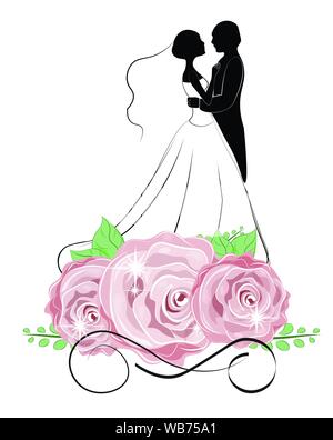 Mariée et le marié en fleurs, de roses, d'invitation de mariage Illustration de Vecteur