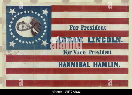 Pour le président, Abram Lincoln. Pour la vice-présidence, Hannibal Hamlin Résumé : Imprimer montre une grande bannière de la campagne pour le candidat présidentiel républicain Abraham Lincoln et colistier Hannibal Hamlin. Lincoln's premier nom est donné ici comme Abram. La bannière se compose d'un trente-trois étoiles motif drapeau américain imprimé sur tissu. Dans un coin, un buste portrait de Lincoln, sans barbe, entourée d'étoiles, apparaît sur un champ bleu. Banque D'Images