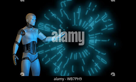 Robot avec hologramme, android masculins travaillant sur une interface rougeoyant futuriste (sci-fi 3d illustration) Banque D'Images