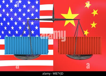 3d illustration : Vintage des balances avec les conteneurs de fret rouge et bleu sur l'arrière-plan de la drapeaux américains et chinois. L'équilibre économique. Guerre commerciale. Banque D'Images