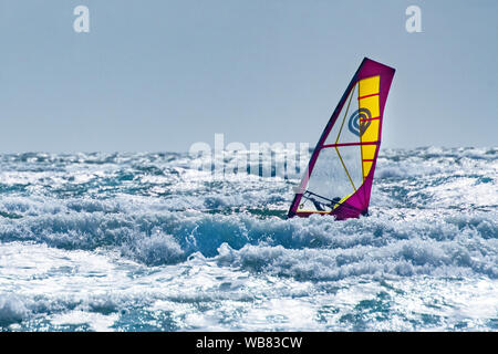 Planche à voile par vent fort spectaculaire sur une journée ensoleillée à West Wittering, West Sussex, Angleterre, Royaume-Uni Banque D'Images