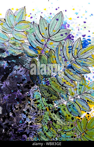 Aquarelle et encre noire de peinture chinoise de plus en plus de feuilles d'une branche d'arbre avec texture splatter Banque D'Images