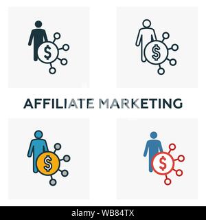 Affiliate Marketing icon set. Quatre éléments dans diférents styles à partir d'icônes publicitaires collection. Affiliate marketing créatif, contours remplis d'icônes Illustration de Vecteur