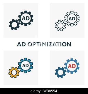 Optimisation Ad icon set. Quatre éléments dans diférents styles à partir d'icônes publicitaires collection. Icônes d'optimisation ad créatif rempli de couleur, Contours, Illustration de Vecteur