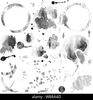 Ensemble d'aquarelle gris image isolée de cercles de café et de thé plus libre avec blot et spray Banque D'Images