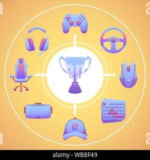 Esports couleur icons set. Tournoi de jeu. Dispositifs de jeux vectoriels en couleur violette. Infographie cybersport illustration. ESportsman tenue pour atteindre les Champions. Illustration de Vecteur