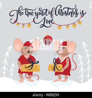 Vecteur de Noël souris. Cartoon illustration avec mise et le lettrage citation. Le véritable esprit de Noël, c'est l'amour. Illustration de Vecteur