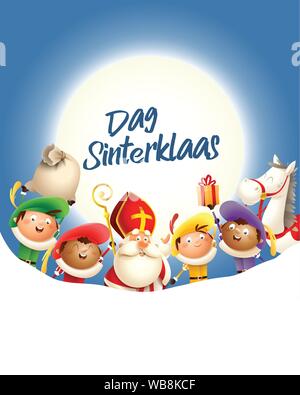 Saint Nicolas et ses amis de célébrer en face de lune - Dag texte Sinterklaas - Fond bleu avec copie espace Illustration de Vecteur