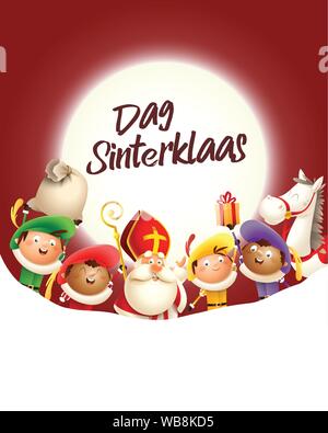 Saint Nicolas et ses amis de célébrer en face de lune - Dag texte Sinterklaas - Fond rouge avec copie espace Illustration de Vecteur