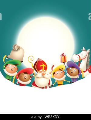 Saint Nicolas Sinterklaas et Zwarte Piets ses amis de célébrer en face de lune - fond bleu turquoise with copy space Illustration de Vecteur