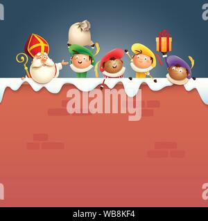 Saint Nicolas ou Saint Nicholas et aides Zwarte Piets à bord - caractères cute heureux de célébrer les jours fériés néerlandais sur mur de neige - vector illustratio Illustration de Vecteur